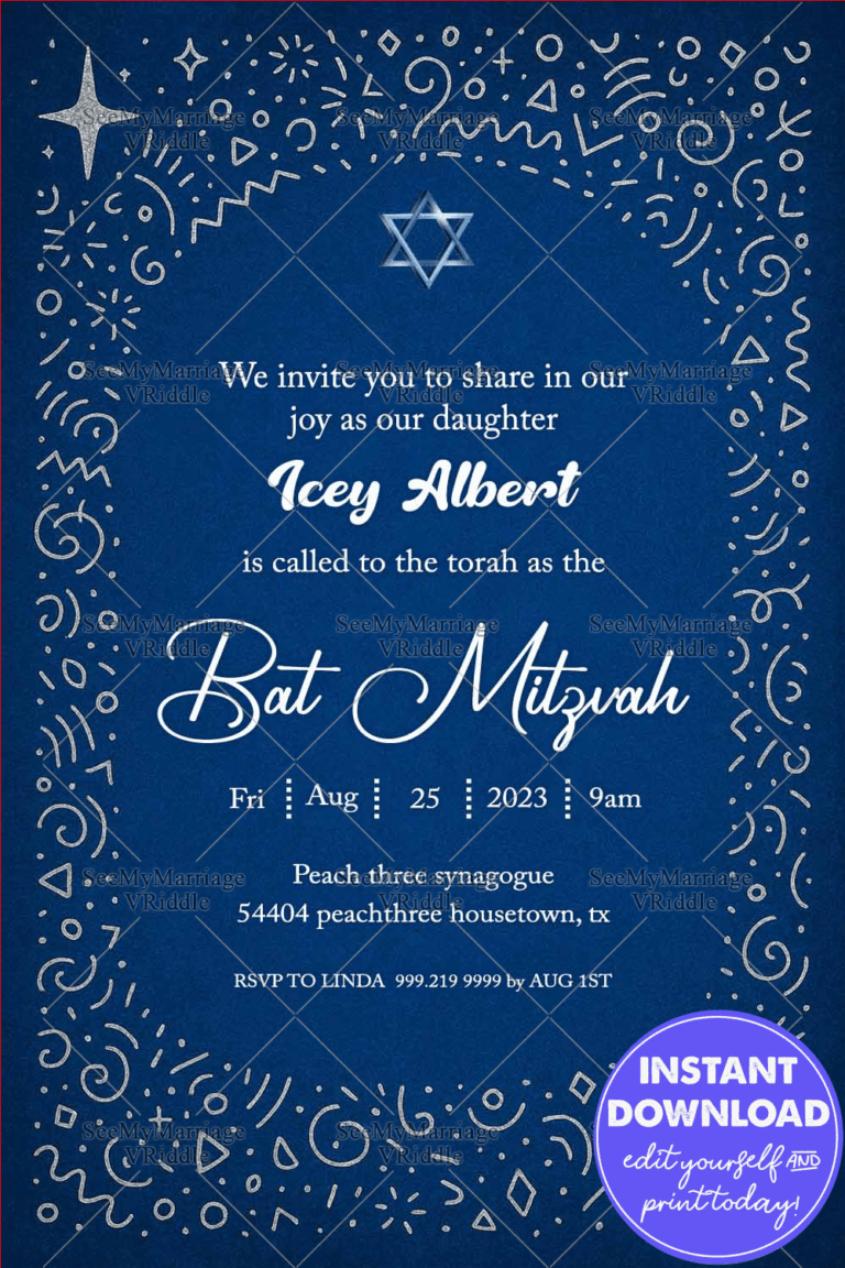 Starry Blue Bat Mitzvah Invitation with Whimsical Silver Accents in Blue Background