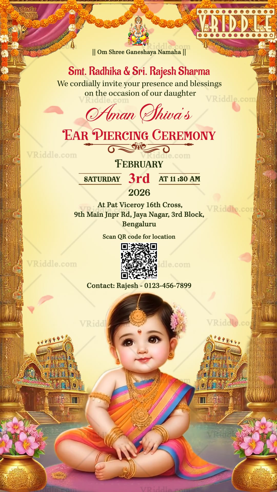 Temple BG Ear Piercing Ceremony Invitation Video with South Indian, Baby Girl Illustration and Golden Pillars