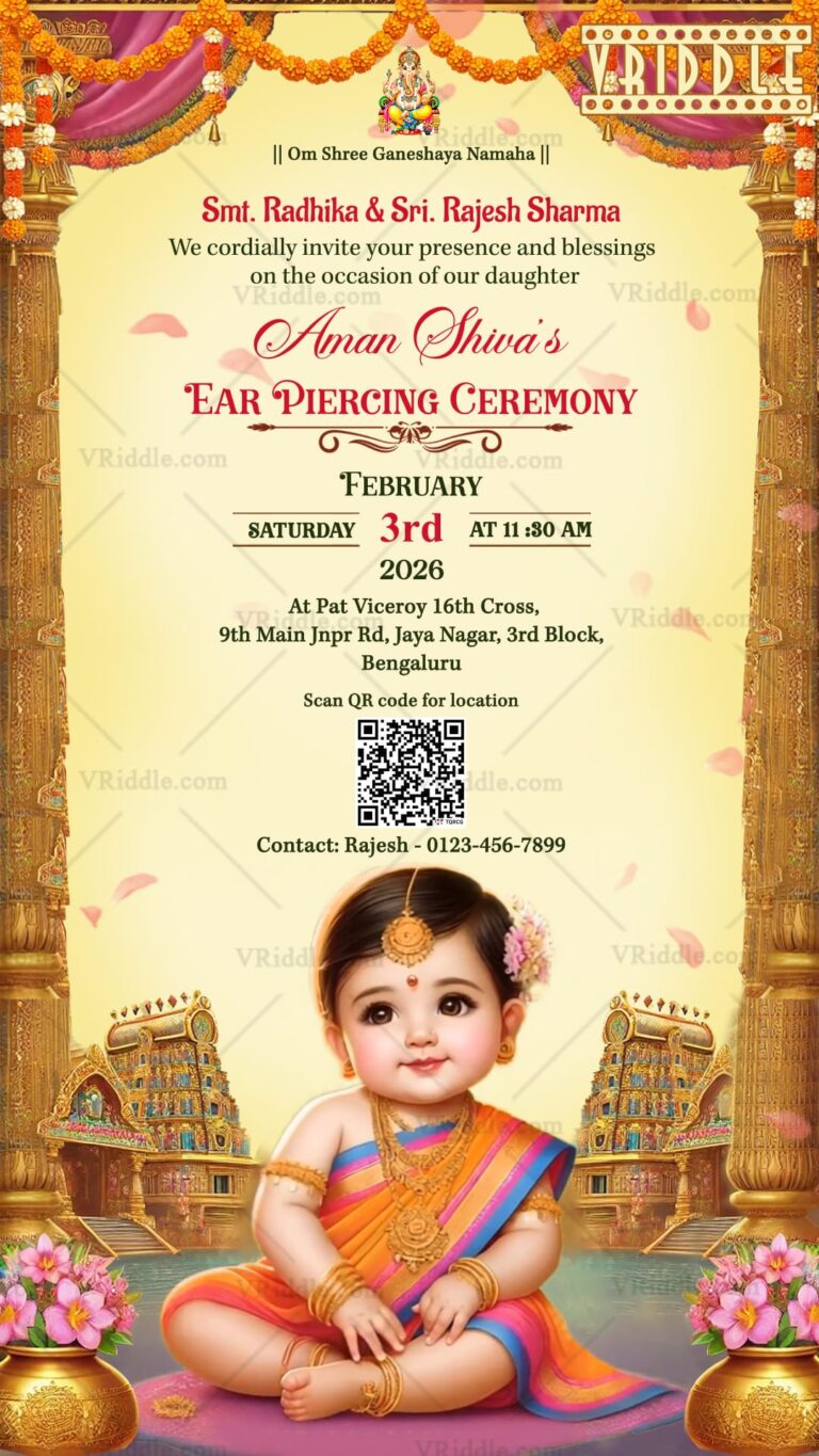 Temple BG Ear Piercing Ceremony Invitation Video with South Indian, Baby Girl Illustration and Golden Pillars
