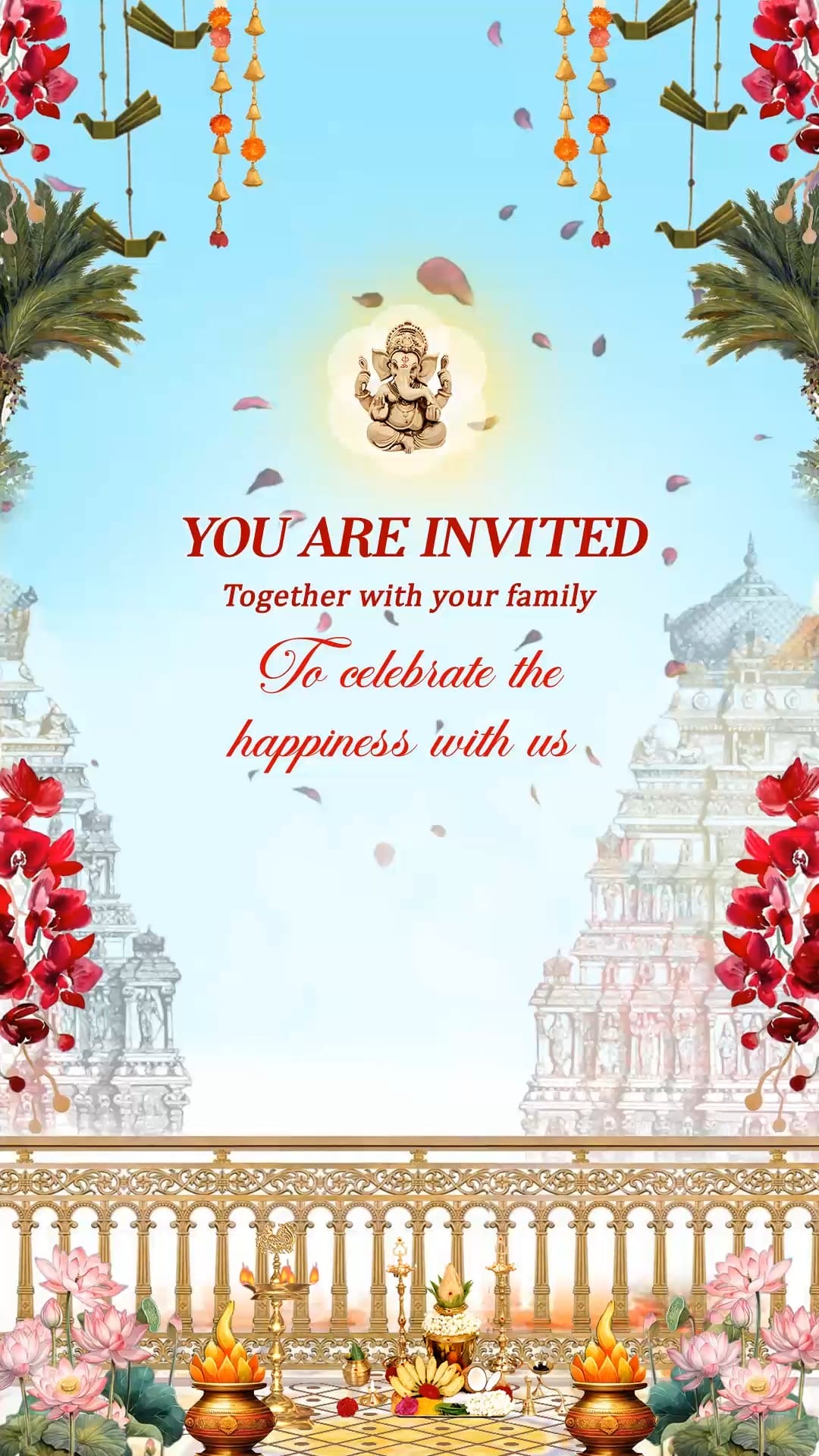 Temple BG South Indian Wedding Invitation Video with Nichayathartham, Sangeet, Reception, Save The Date
