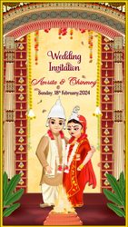Temple Patterns Bengali Wedding Invitation Video with Illustrated Couple in Ethnic Attire and Sacred Fire Ritual