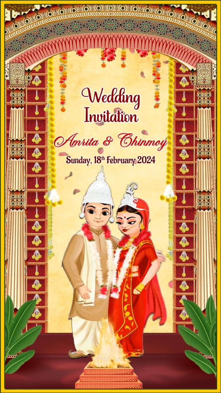 Temple Patterns Bengali Wedding Invitation Video with Illustrated Couple in Ethnic Attire and Sacred Fire Ritual
