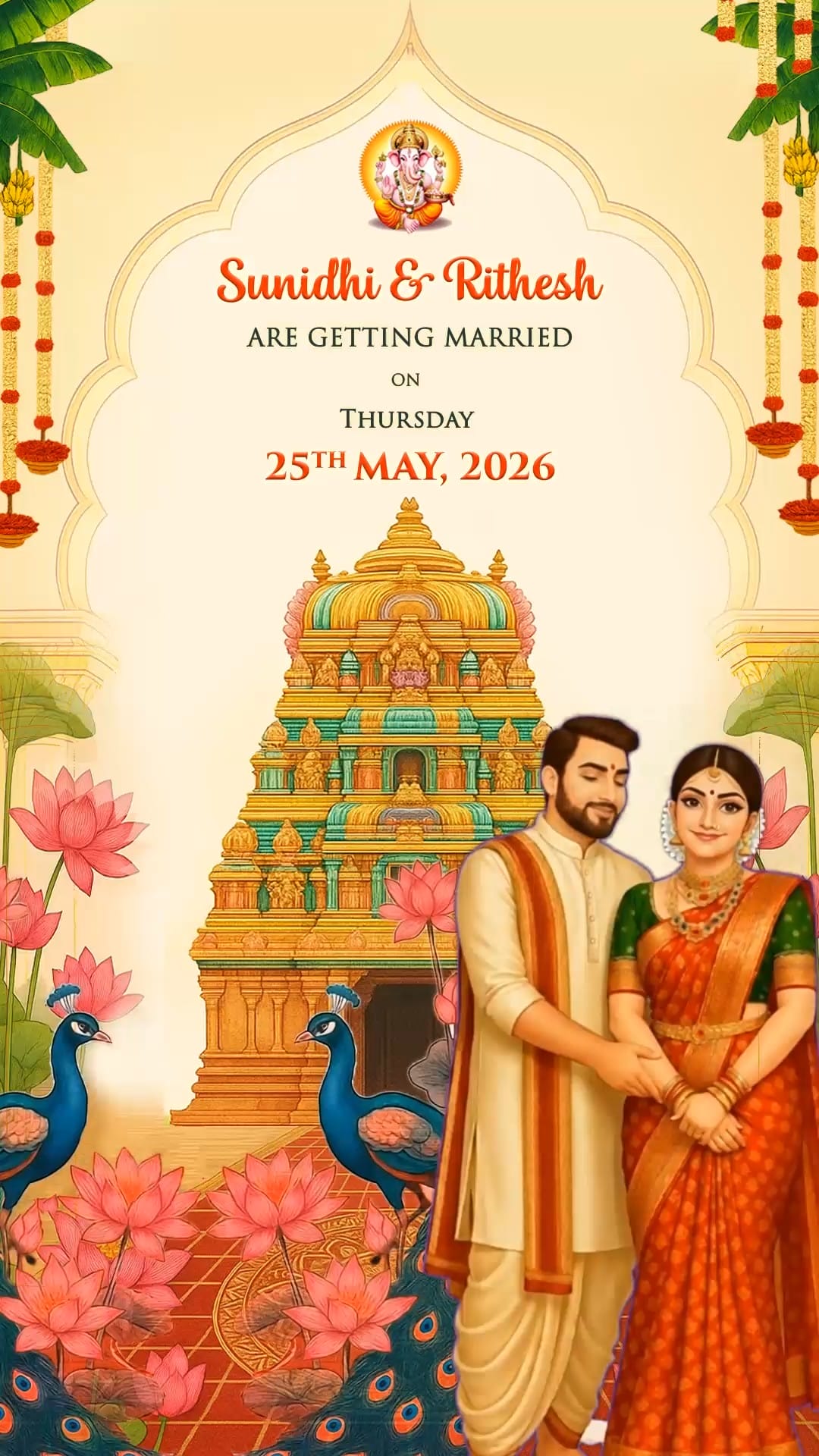 Temple and Peacocks BG Wedding Invitation Video with South Indian Couple Illustration and Lotus Flowers, Marigold Torans
