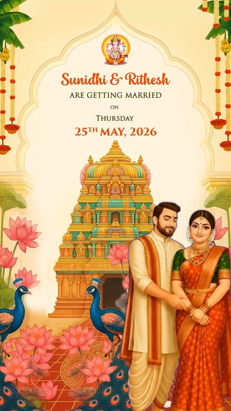 Temple and Peacocks BG Wedding Invitation Video with South Indian Couple Illustration and Lotus Flowers, Marigold Torans