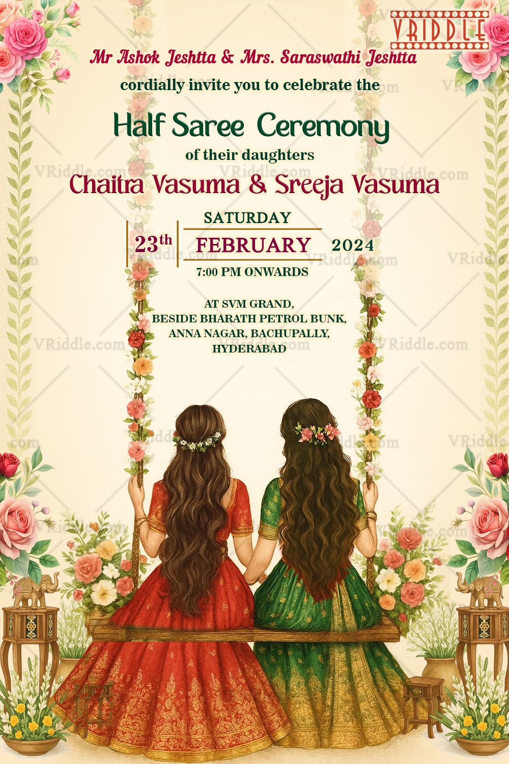 Two Sisters Half Saree Ceremony Invitation Featuring Floral Swing In Cream BG