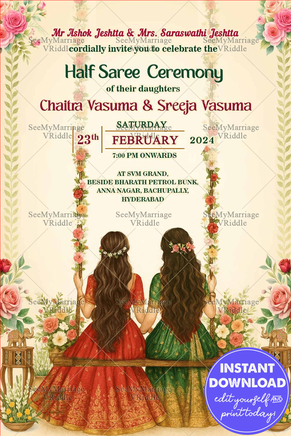 Two Sisters Half Saree Ceremony Invitation Featuring Floral Swing In Cream BG