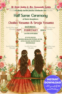 Two Sisters Half Saree Ceremony Invitation Featuring Floral Swing In Cream BG