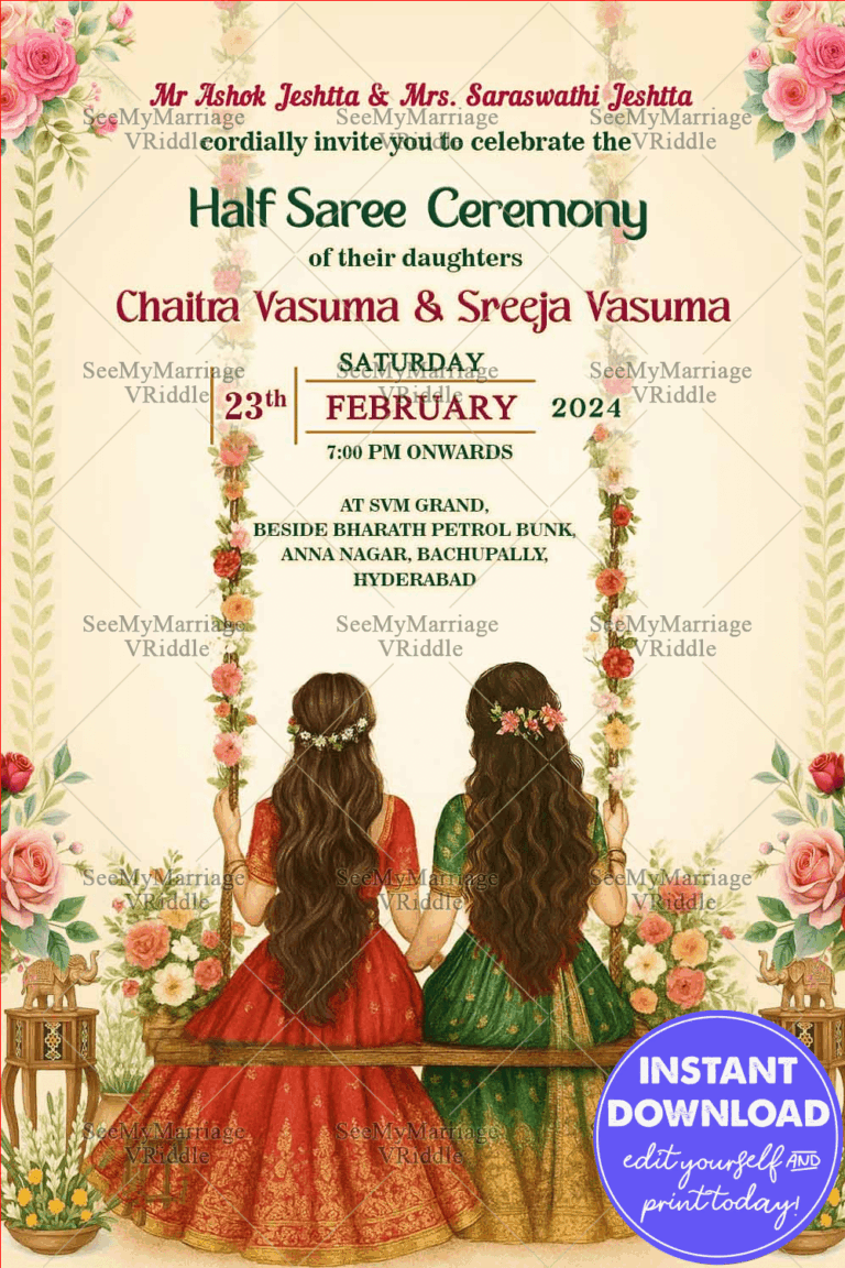 Two Sisters Half Saree Ceremony Invitation Featuring Floral Swing In Cream BG