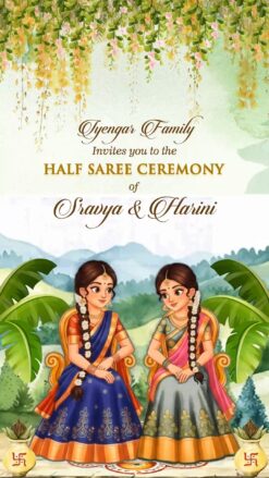 Two Sisters Half Saree Ceremony Invitation Video with Girls in Pattu Langa Voni and Traditional South Indian Theme
