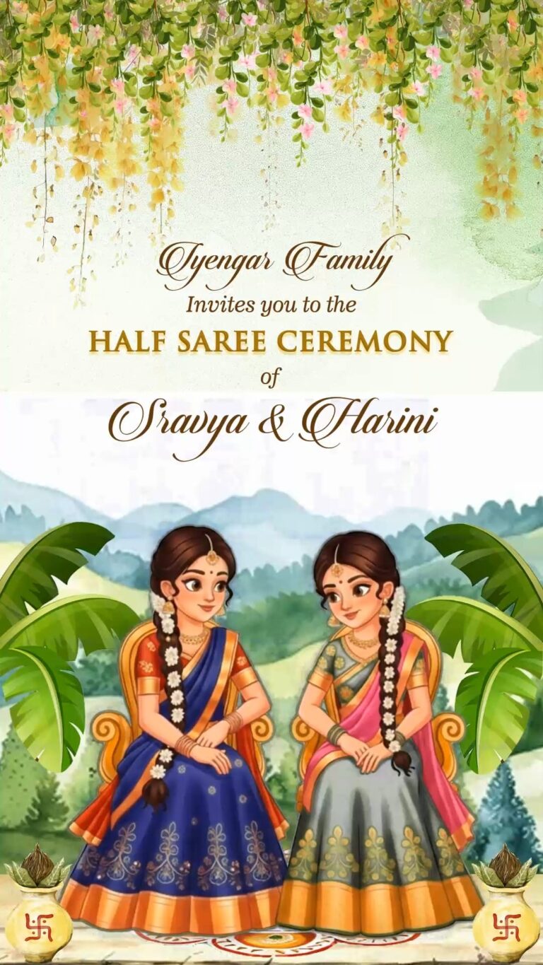 Two Sisters Half Saree Ceremony Invitation Video with Girls in Pattu Langa Voni and Traditional South Indian Theme