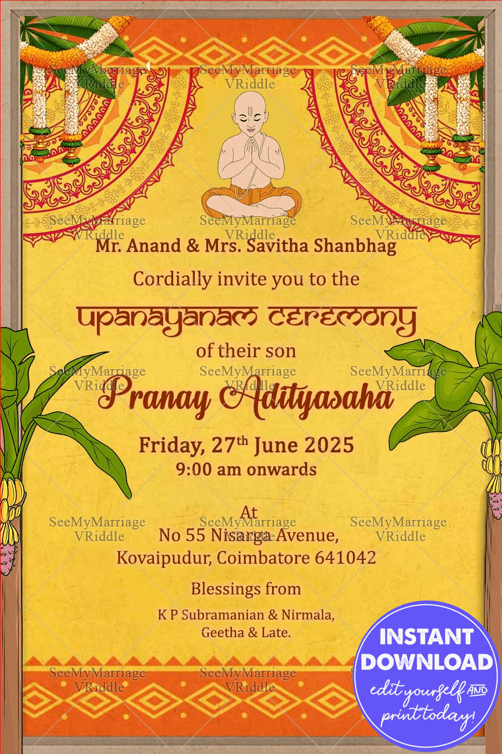 Upanayanam Invitation Card with Festive Banana Leaf Bengali Style Borders and Ethnic Accents