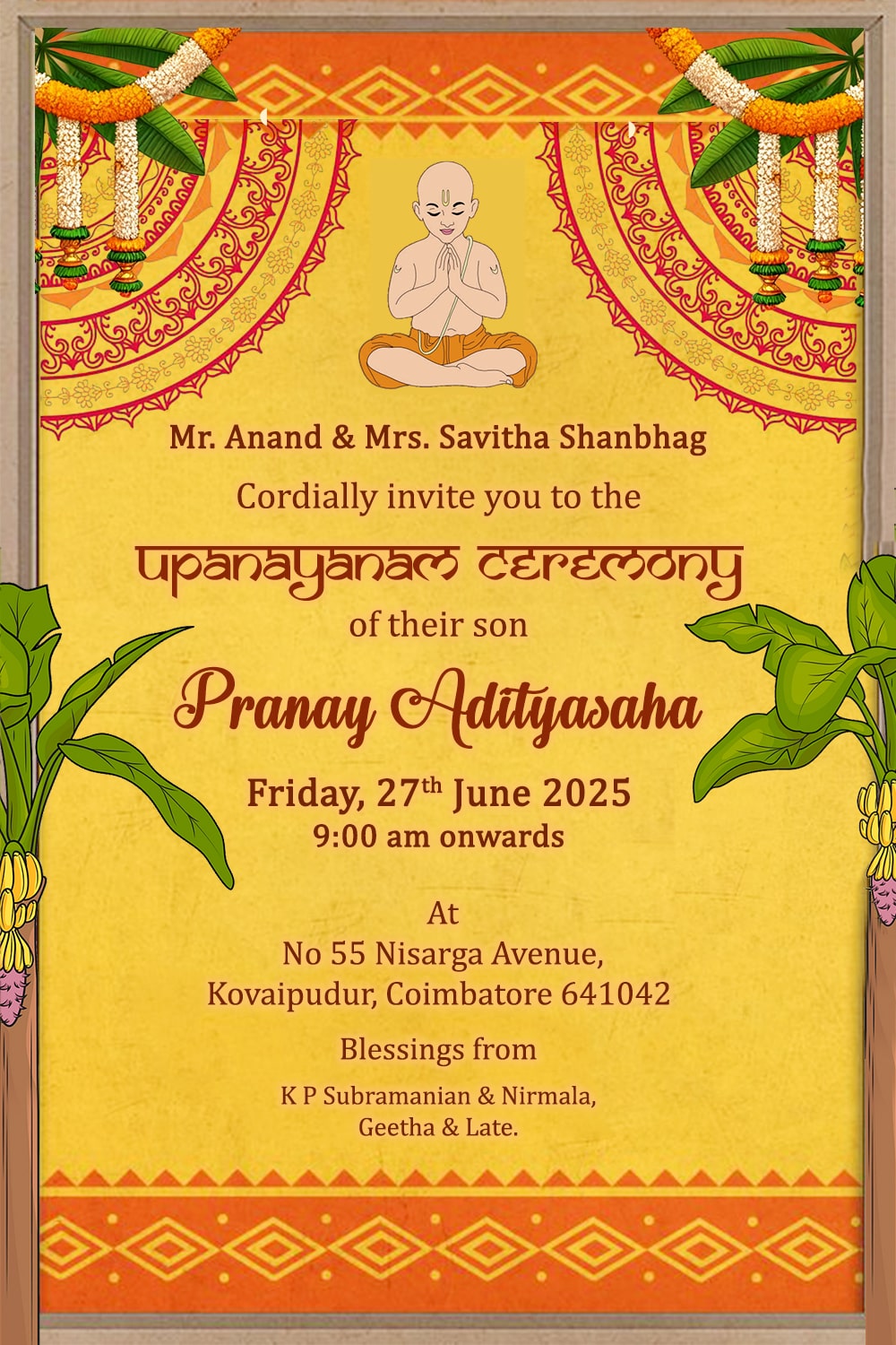 Upanayanam Invitation Card with Festive Banana Leaf Bengali Style Borders and Ethnic Accents
