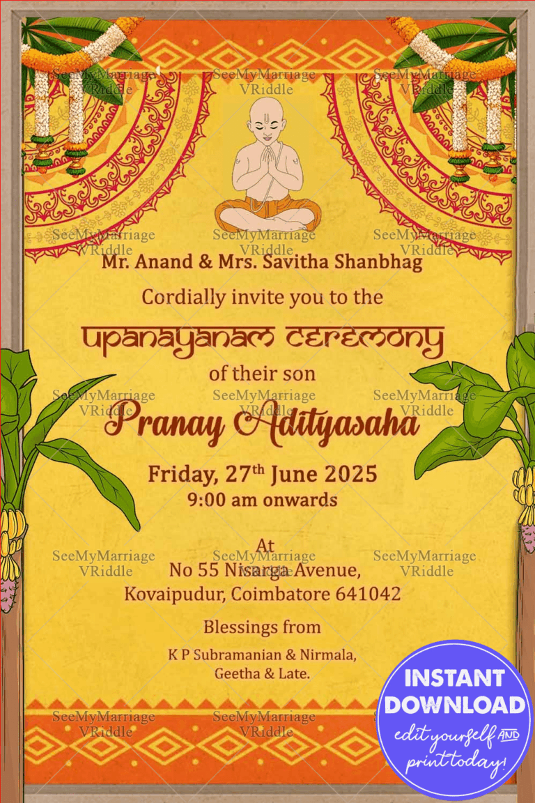 Upanayanam Invitation Card with Festive Banana Leaf Bengali Style Borders and Ethnic Accents