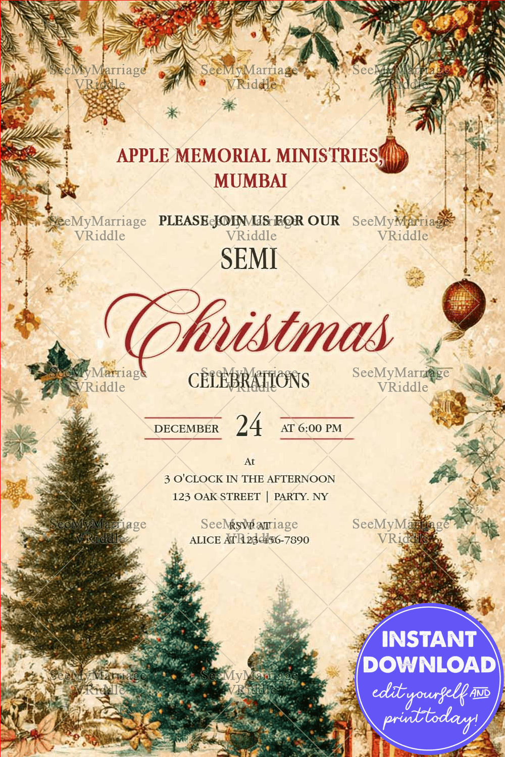 Vintage Christmas Invitation with Festive Pines, Golden Ornaments & Winter Rustic Charm