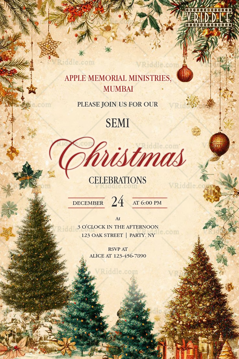 Vintage Christmas Invitation with Festive Pines, Golden Ornaments & Winter Rustic Charm