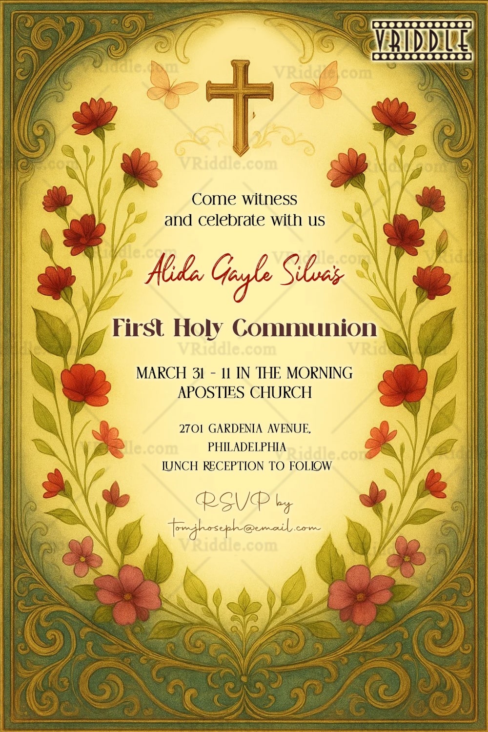 Vintage Floral First Holy Communion Invitation with Ornate Borders and Elegant Cross Motif