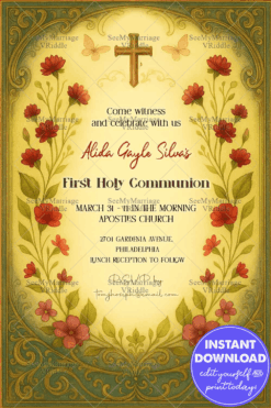 Vintage Floral First Holy Communion Invitation with Ornate Borders and Elegant Cross Motif
