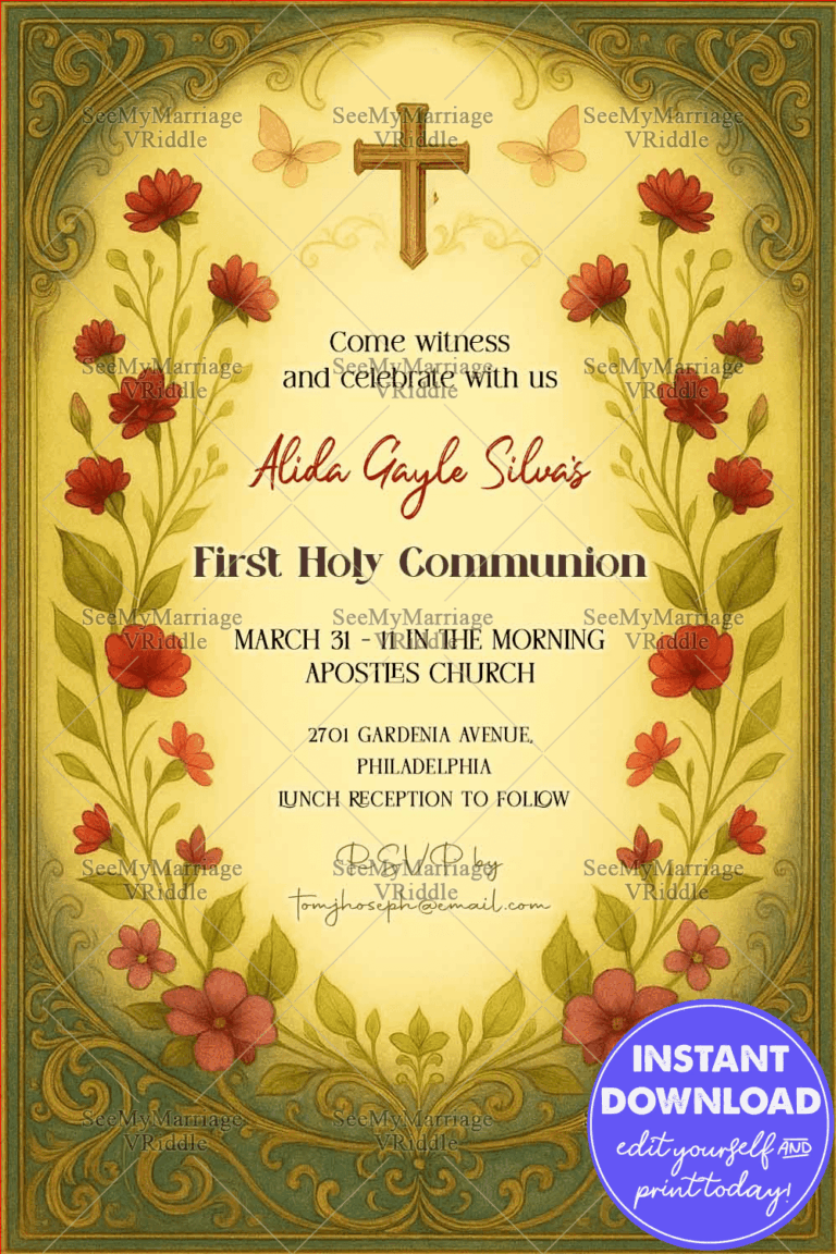 Vintage Floral First Holy Communion Invitation with Ornate Borders and Elegant Cross Motif