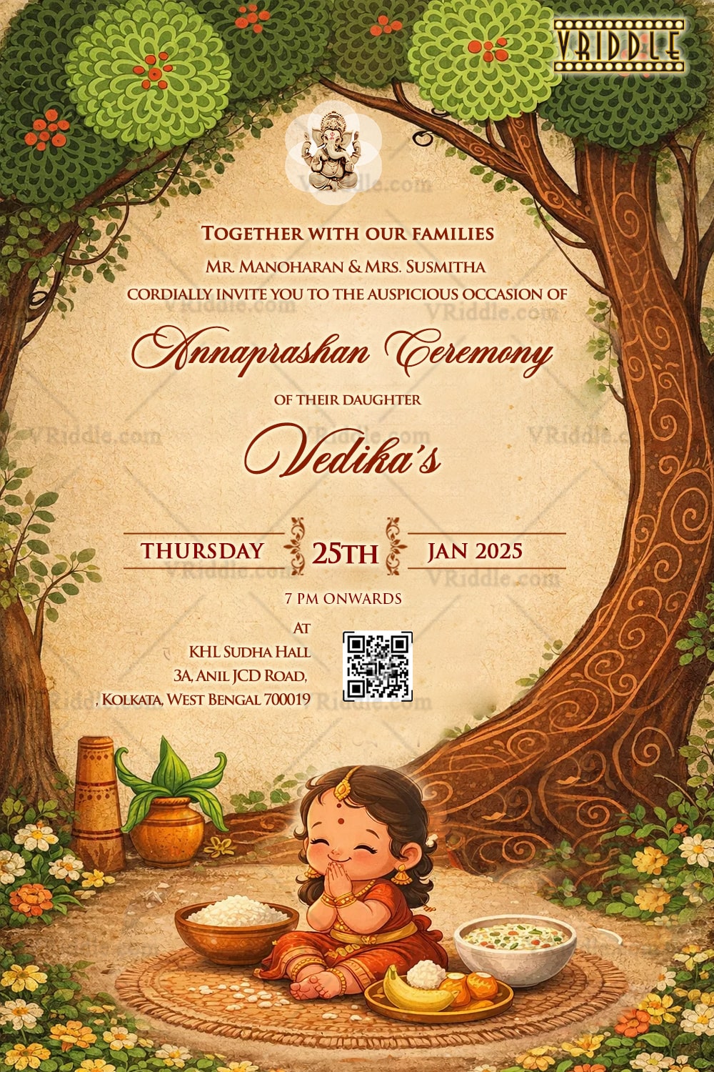 Vintage Girl Annaprashan Invitation Card with illustrated Trees, lush Green Nature Beauty