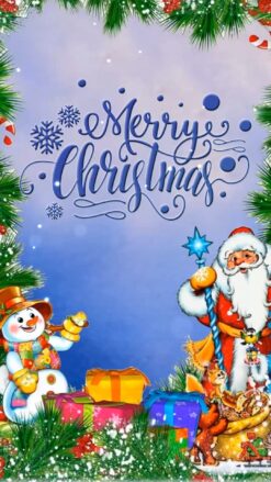 Whimsical Merry Christmas Celebration Invitation Video with Santa Claus, Snowman, Gifts and Frosty Background