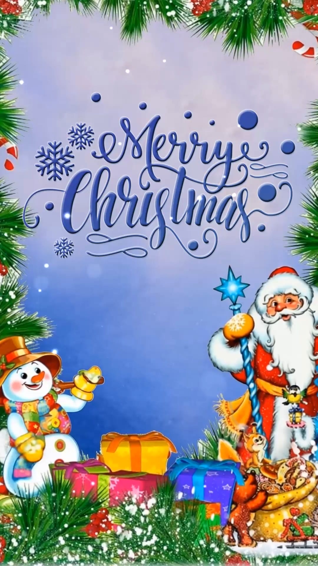 Whimsical Merry Christmas Celebration Invitation Video with Santa Claus, Snowman, Gifts and Frosty Background