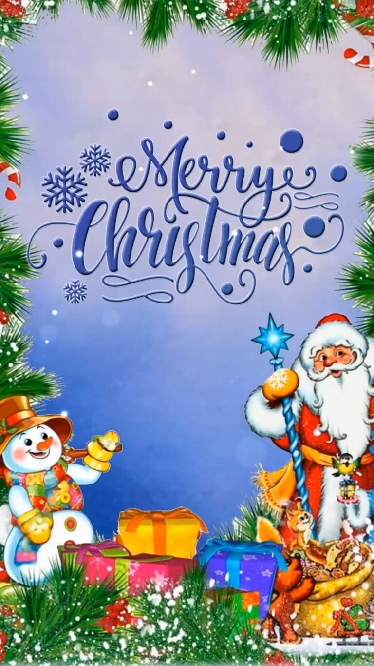 Whimsical Merry Christmas Celebration Invitation Video with Santa Claus, Snowman, Gifts and Frosty Background