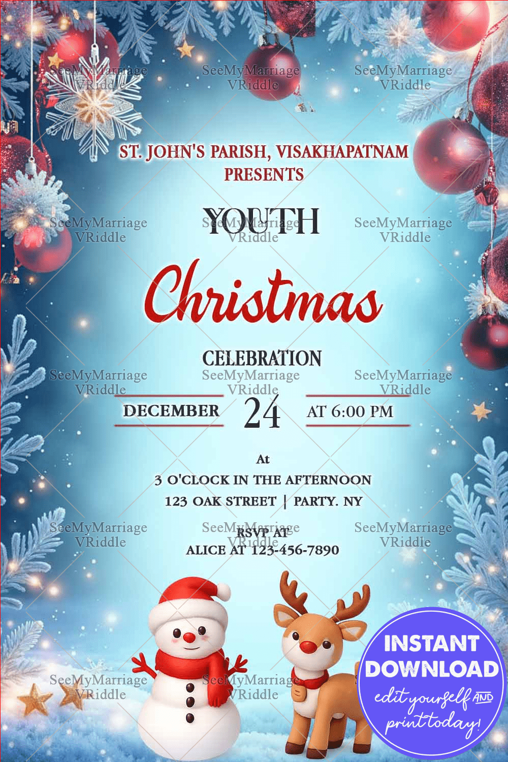 Winter Wonderland Christmas Invitation with Snowy Accents and Festive Characters