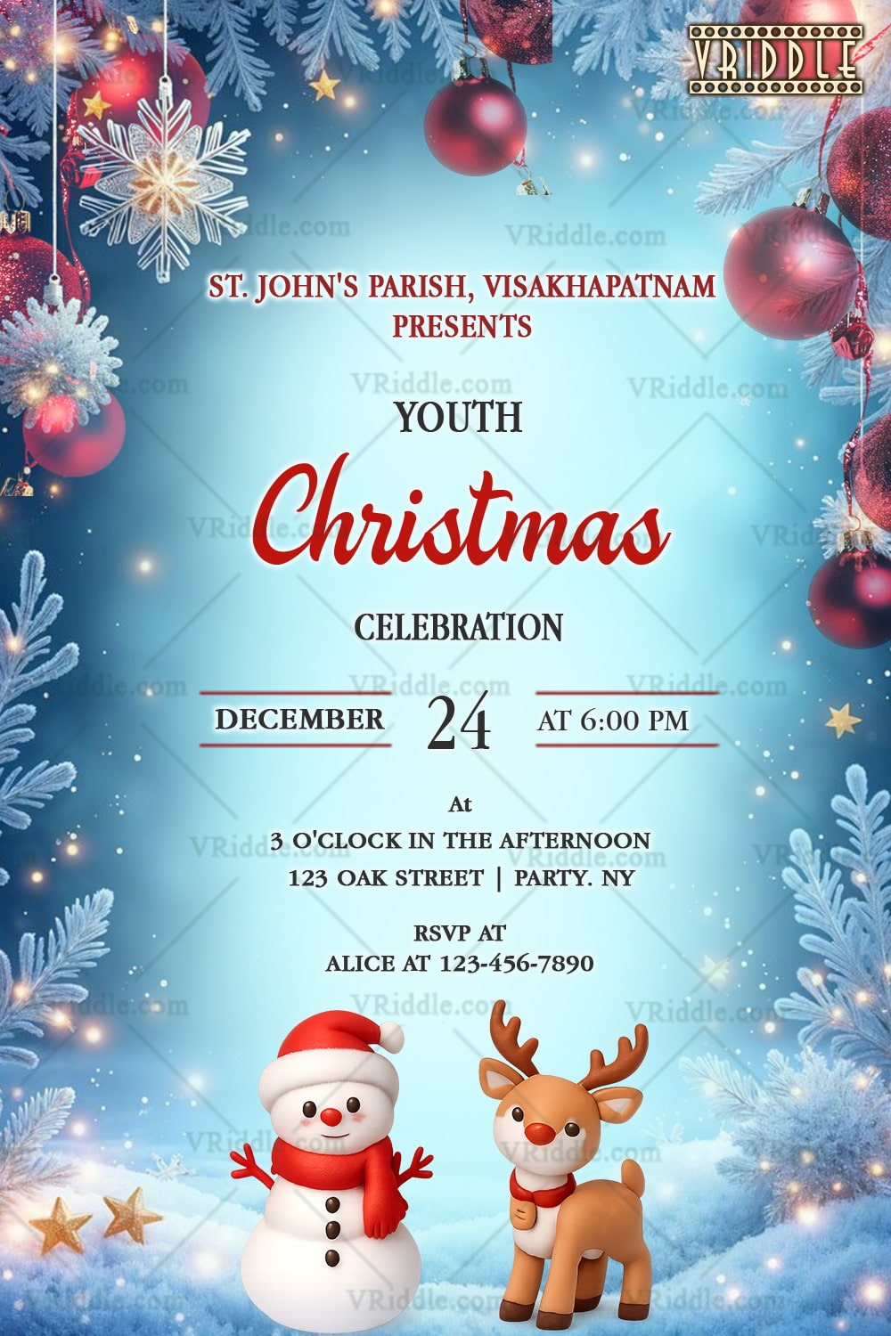 Winter Wonderland Christmas Invitation with Snowy Accents and Festive Characters
