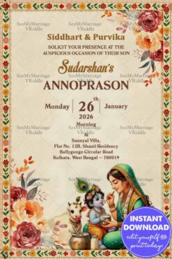 Krishna-Mother Bond Traditional Annoprason Invitation Card with Cultural Village Elements