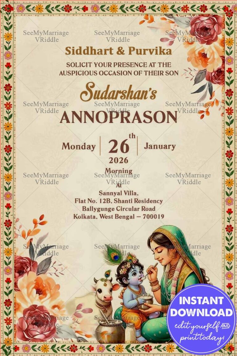 Krishna-Mother Bond Traditional Annoprason Invitation Card with Cultural Village Elements