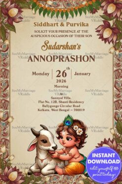 Little Krishna Annoprashon Invitation Card with Calf Illustration and Lotus Floral Frame