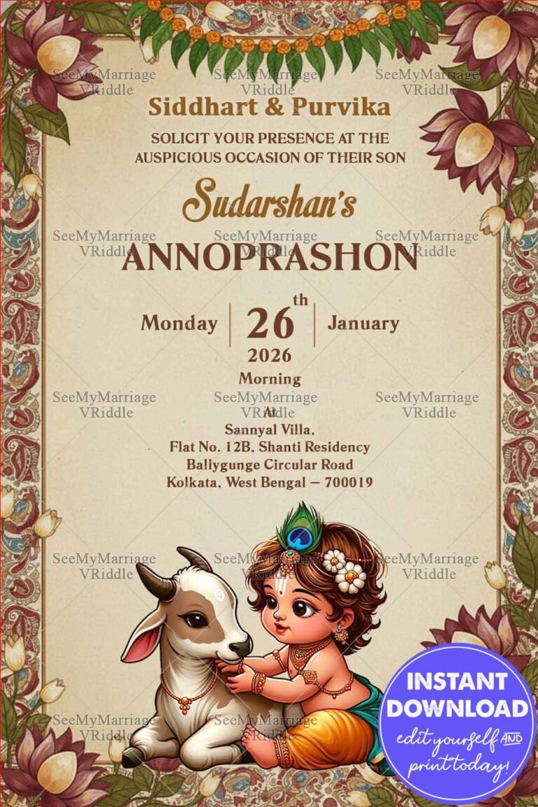 Little Krishna Annoprashon Invitation Card with Calf Illustration and Lotus Floral Frame