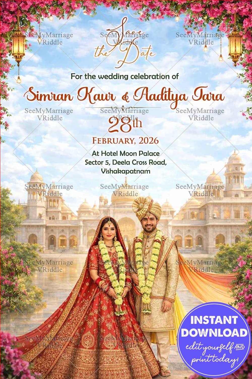 Royal Palace Save the Date Wedding Card with Floral Canopy, Heritage Architecture & Regal Indian Couple Illustration