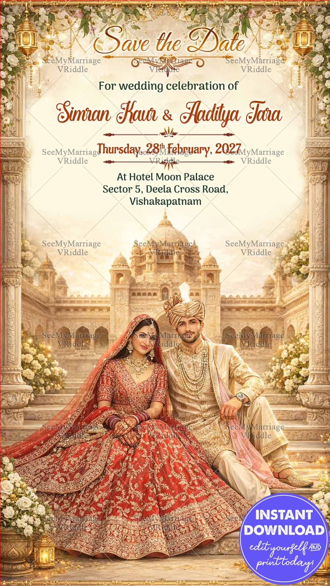 Royal Palace Save the Date Card with Floral Arch, Golden Lanterns & Regal Couple Illustration