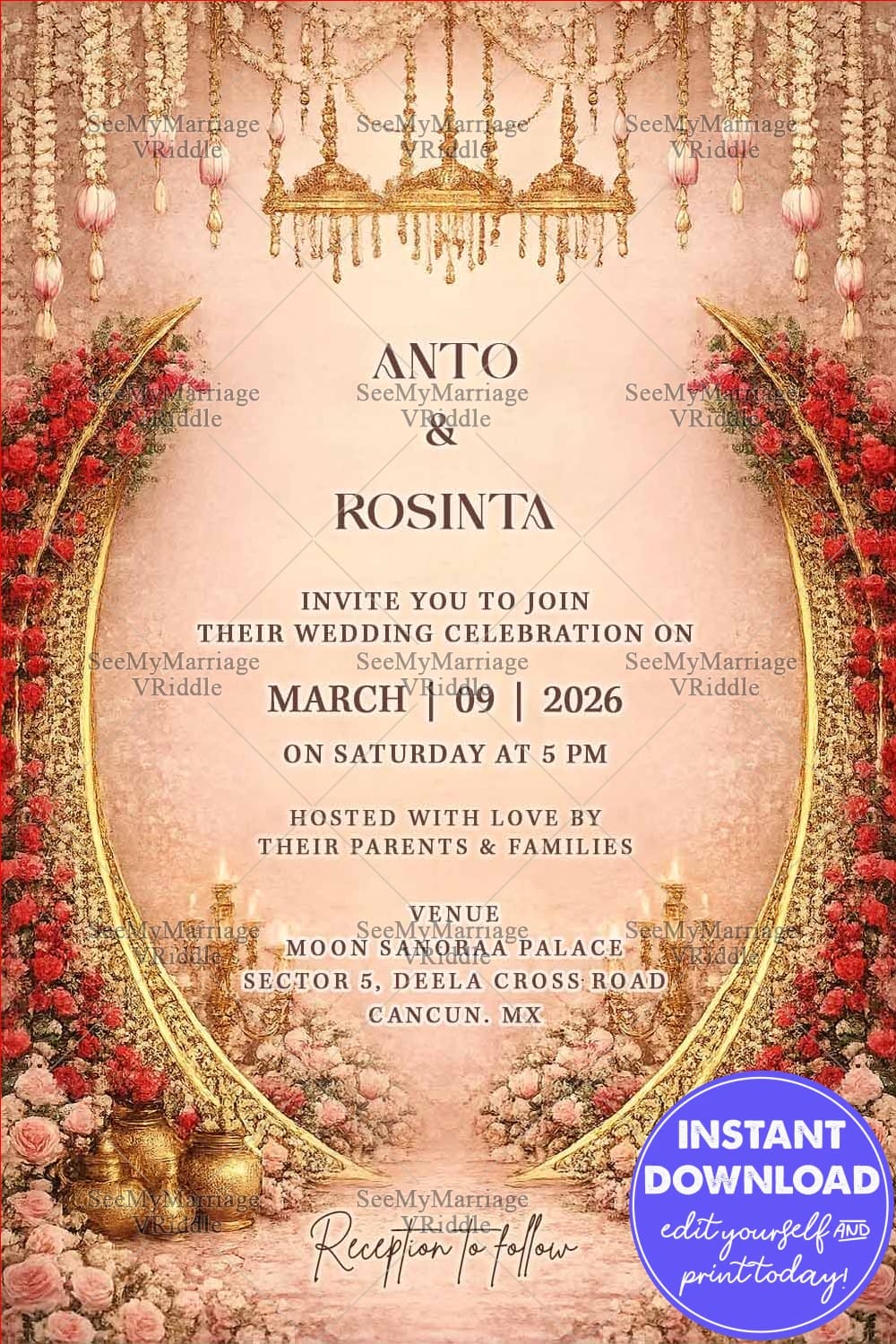 Pastel Wedding Invitation with Floral Archway, Golden Chandeliers & Romantic Rose Decoration