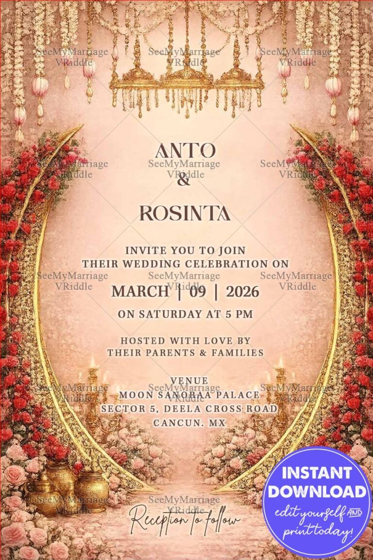 Pastel Wedding Invitation with Floral Archway, Golden Chandeliers & Romantic Rose Decoration