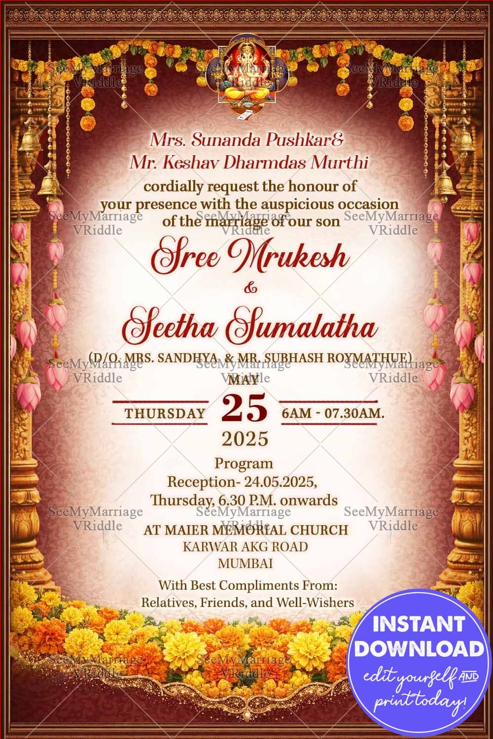 Classic South Indian Wedding Invitation with Marigold Toran, Temple Pillars & Ganesha Motif on a Rich Red Theme