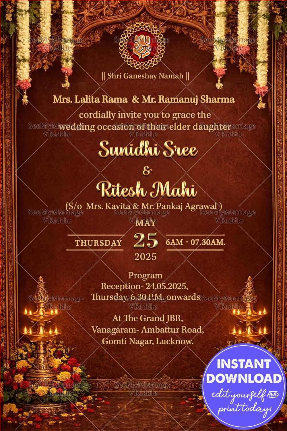 Royal Brown Wedding Invitation with Ornate Carved Arch, Ganesha Emblem & Traditional Brass Lamps
