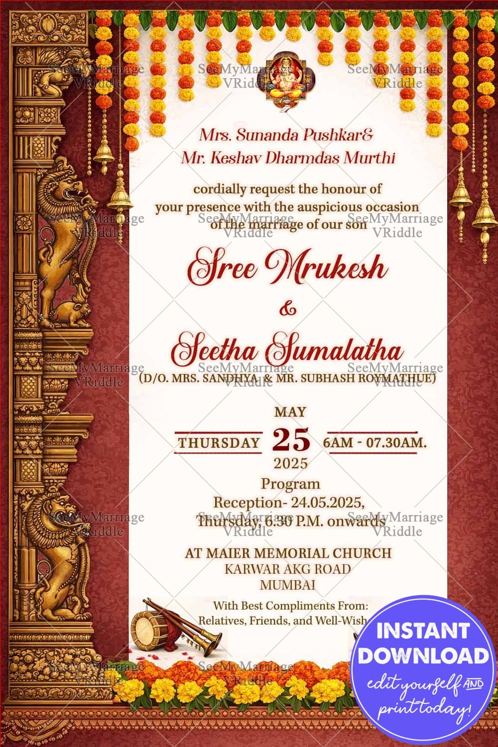 South Indian Wedding Invitation with Ornate Temple Pillars, Marigold Toran & Classic Red-Gold Elegance