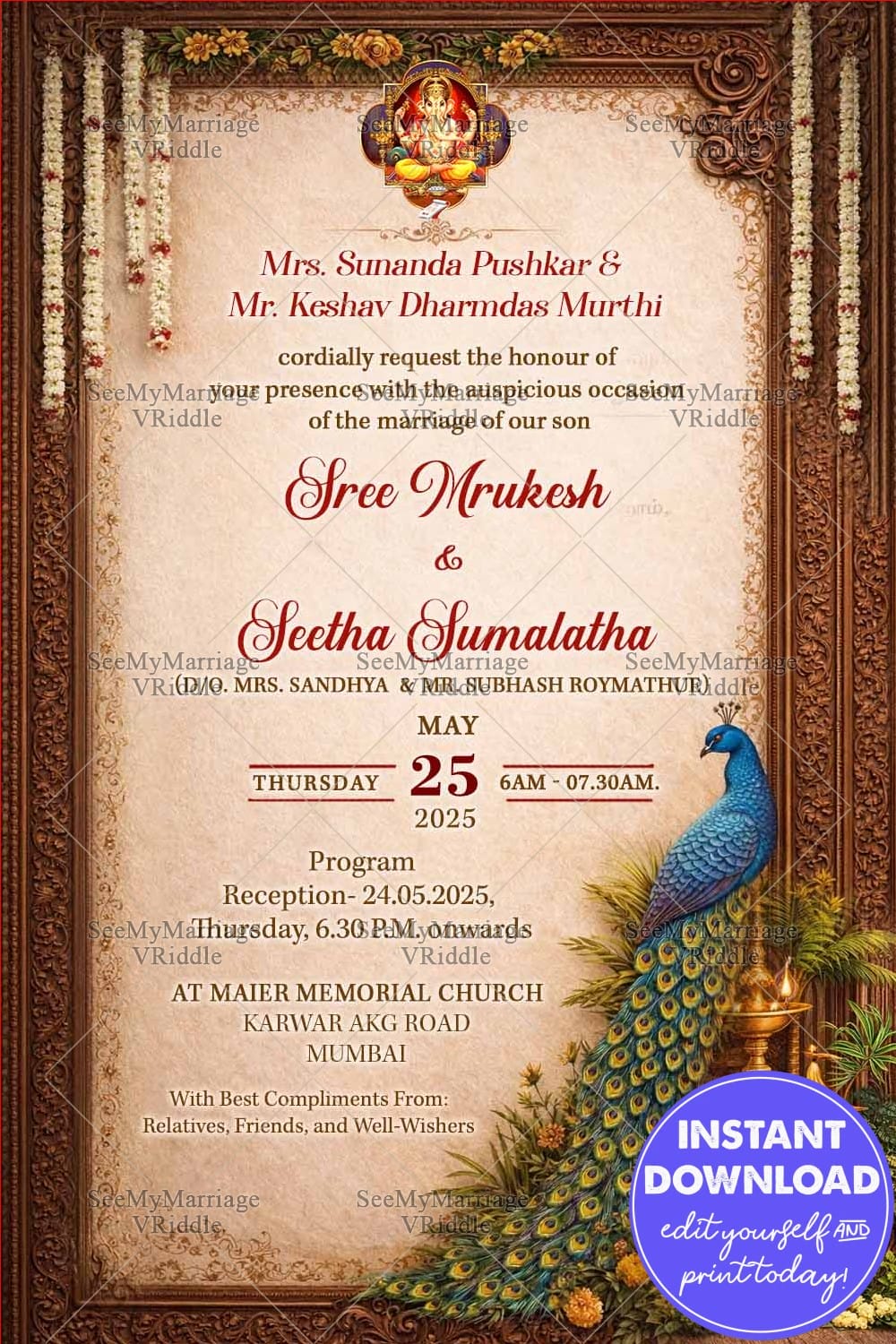 Peacock Wedding Invitation with Ornate Wooden Frame, Ganesha Blessings & Traditional Brass Lamps