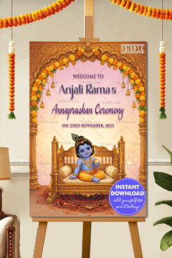 Little Krishna Annaprashan Invitation with Ornate Golden Arch, Floral Garlands & Divine Swing Illustration