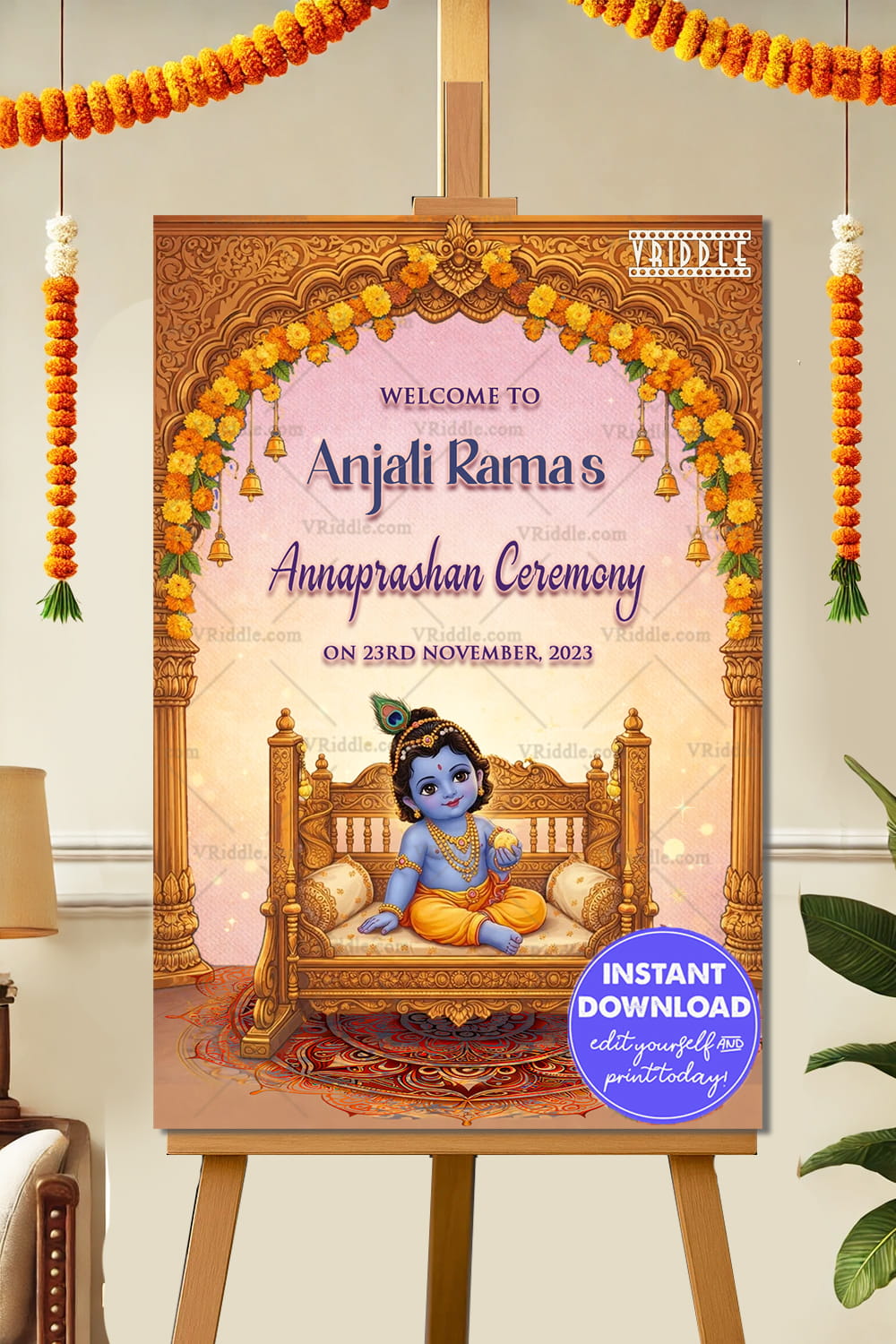 Little Krishna Annaprashan Invitation with Ornate Golden Arch, Floral Garlands & Divine Swing Illustration