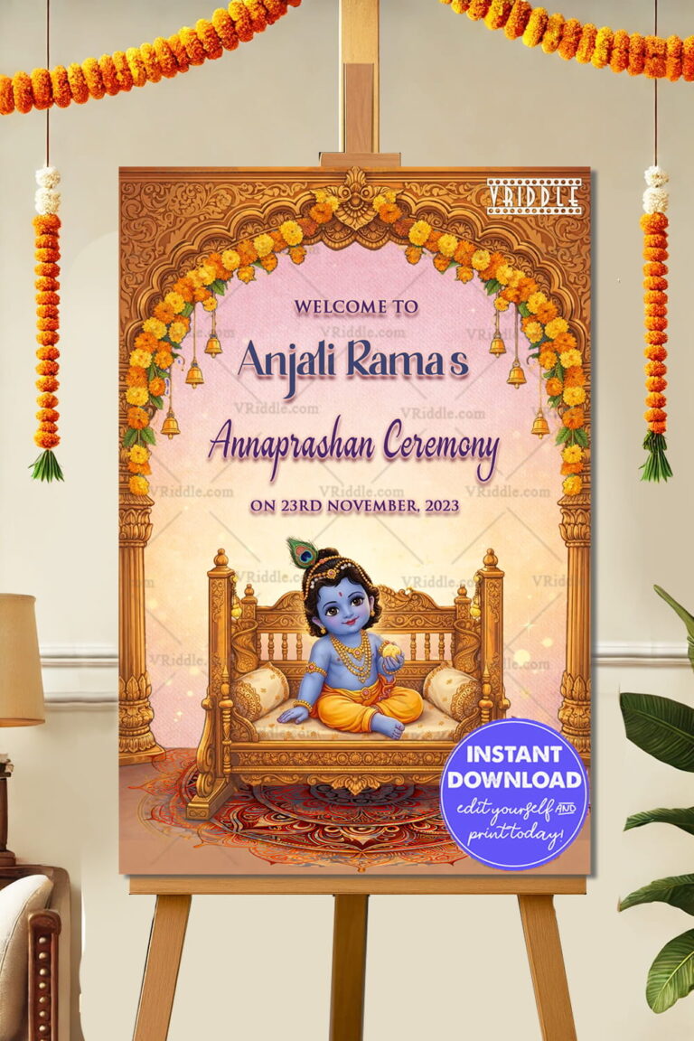 Little Krishna Annaprashan Invitation with Ornate Golden Arch, Floral Garlands & Divine Swing Illustration