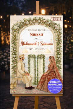 Floral Arch Nikkah Banner with Grand Mughal Backdrop, Cascading White Garlands & Regal Bride–Groom Illustration