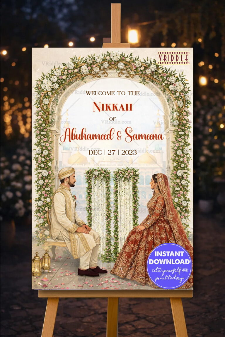 Floral Arch Nikkah Banner with Grand Mughal Backdrop, Cascading White Garlands & Regal Bride–Groom Illustration