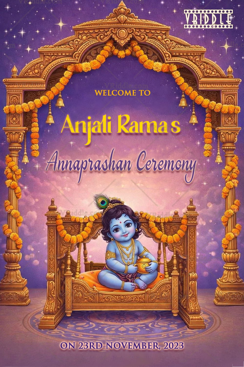 Divine Krishna Annaprashan Banner with Ornate Golden Arch, Floral Garlands and Celestial Purple Background