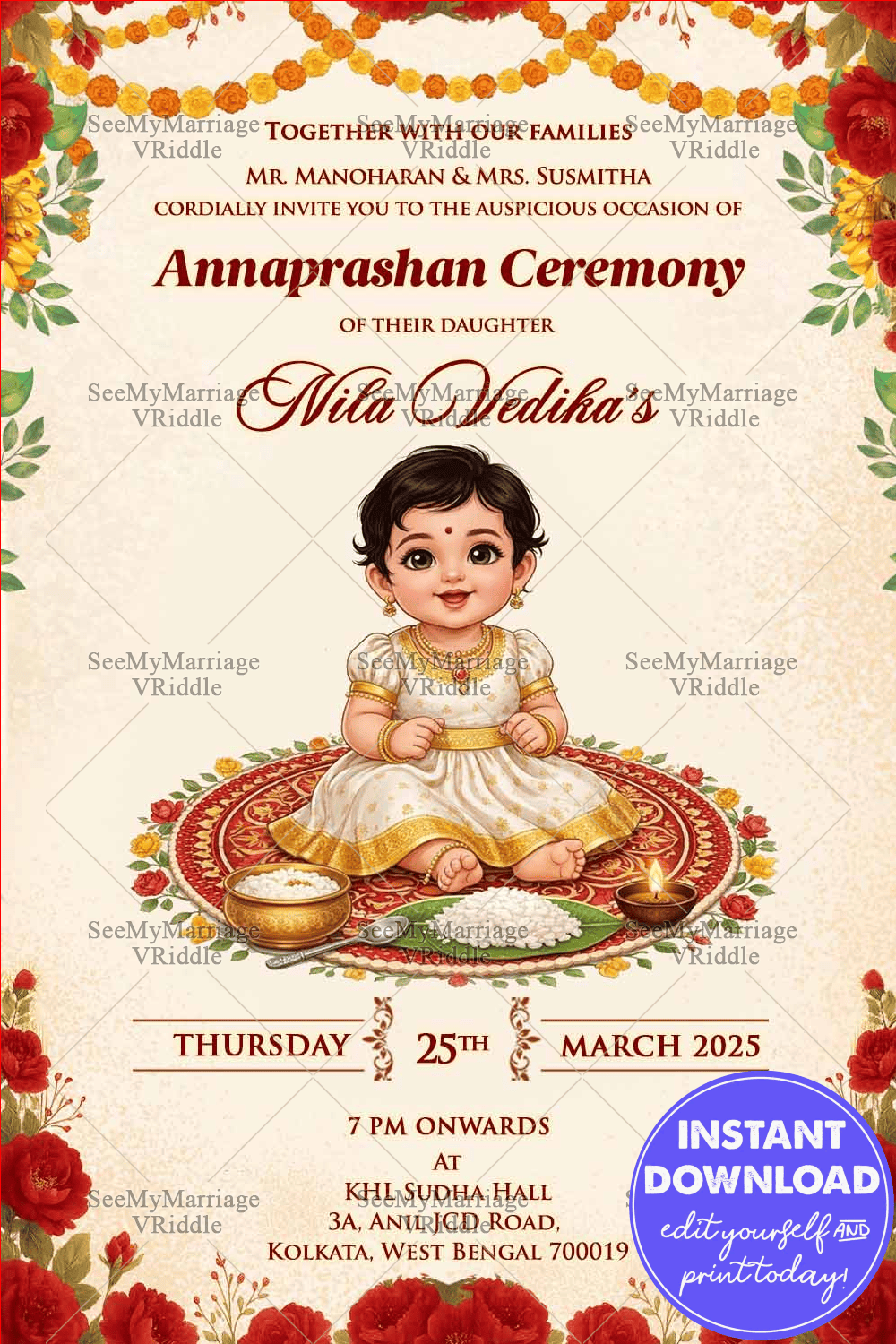 Annaprashan Ceremony Invitation with Cute Baby Girl Illustration, Floral Garlands & Traditional Ritual Elements