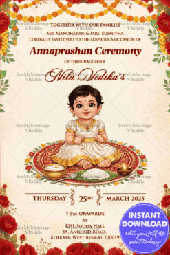 Annaprashan Ceremony Invitation with Cute Baby Girl Illustration, Floral Garlands & Traditional Ritual Elements