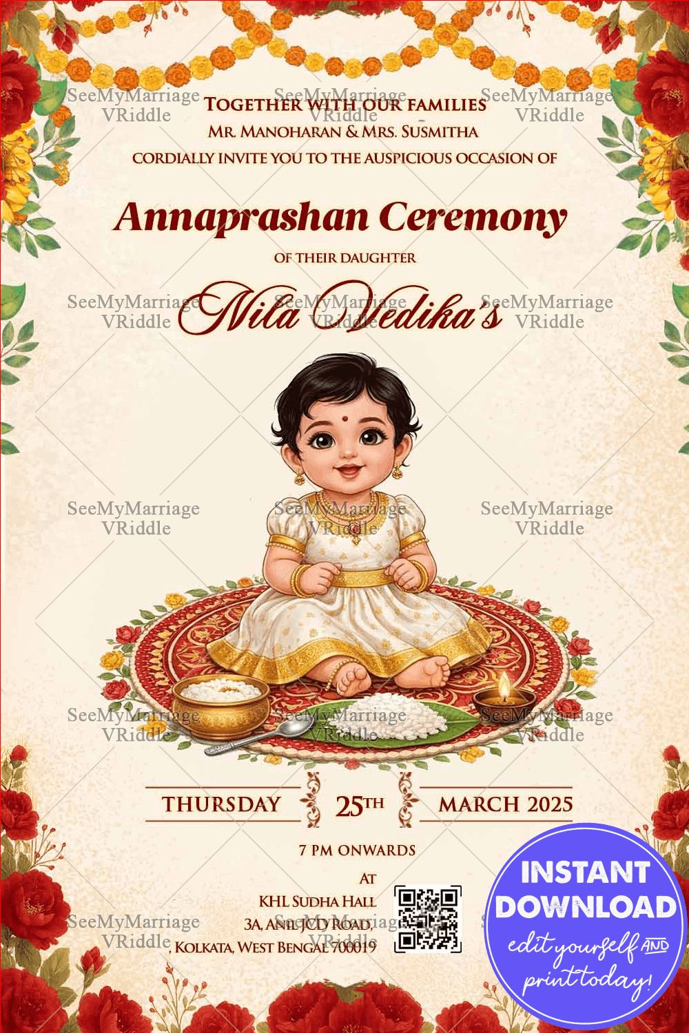 Annaprashan Ceremony Invitation with Cute Baby Girl Illustration, Floral Garlands & Traditional Ritual Elements