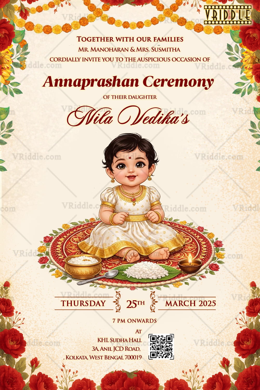Annaprashan Ceremony Invitation with Cute Baby Girl Illustration, Floral Garlands & Traditional Ritual Elements